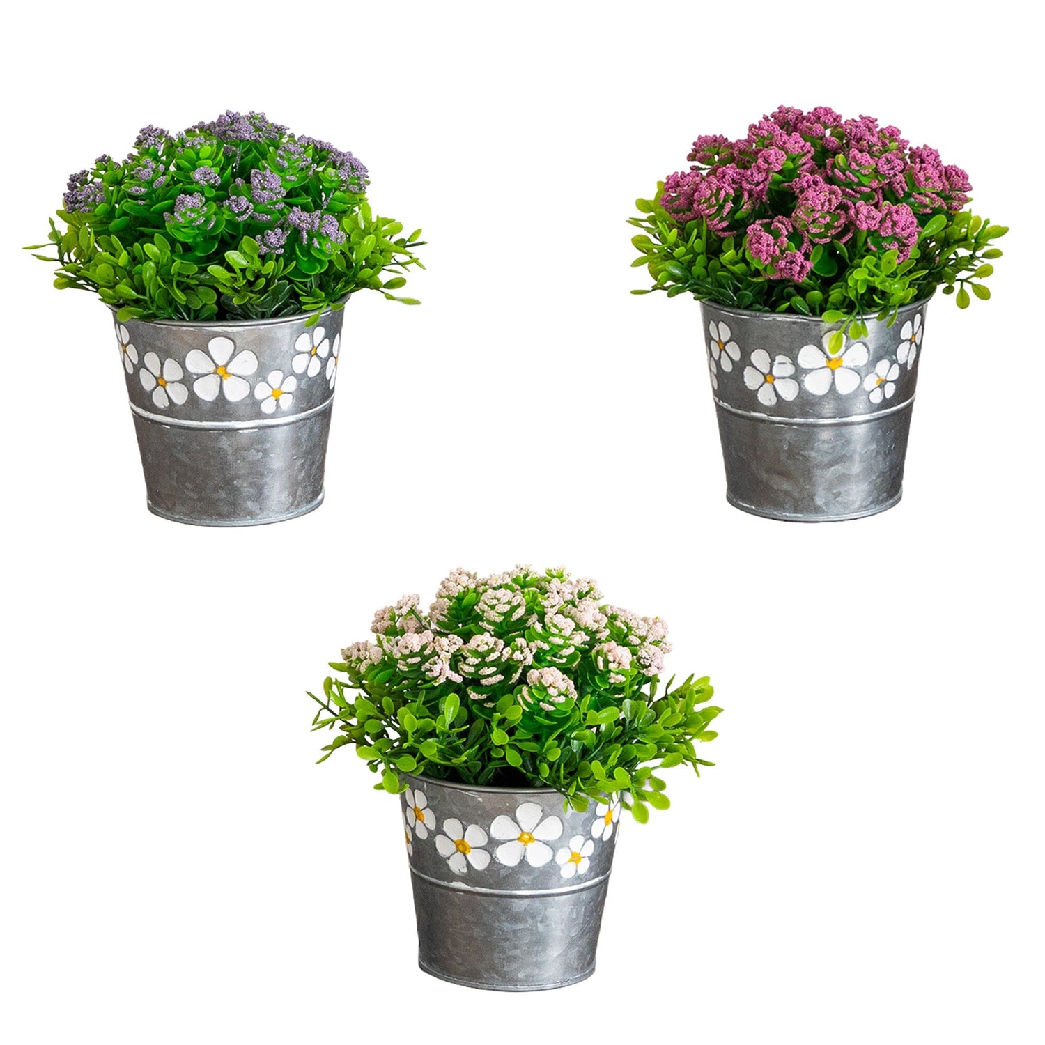 6” Artificial Succulent flowering Plant in Decorative Daisy Tin Planter -Set of 3