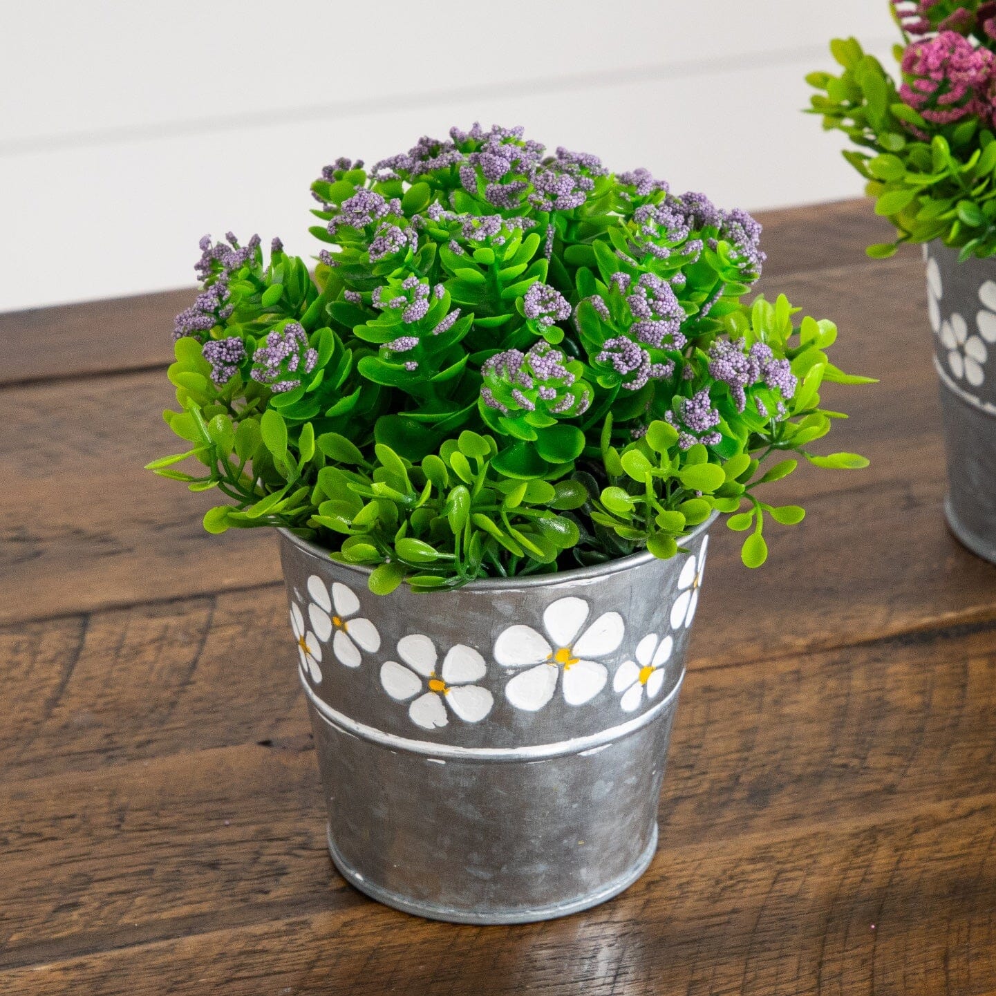6” Artificial Succulent flowering Plant in Decorative Daisy Tin Planter -Set of 3
