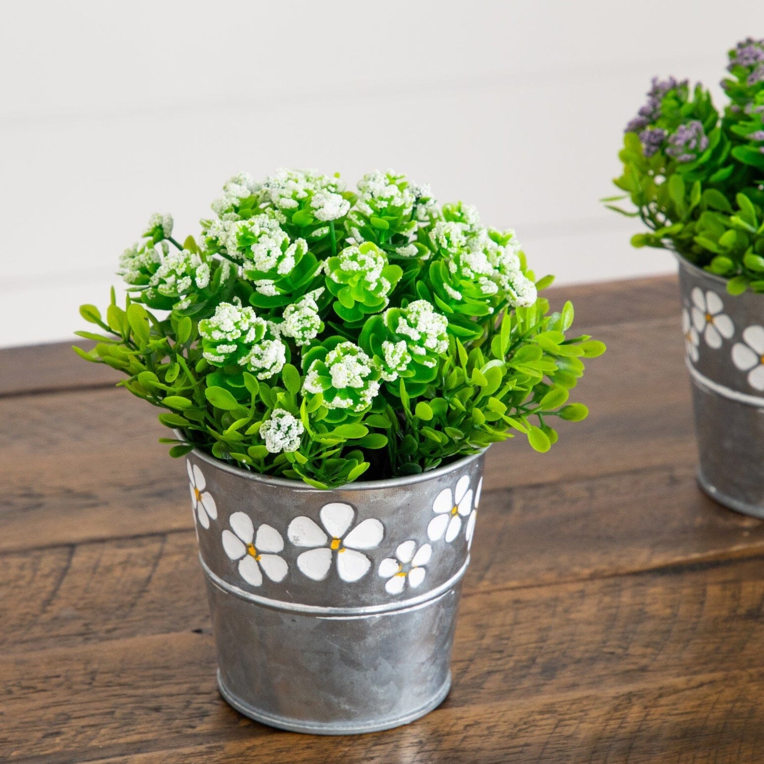6” Artificial Succulent flowering Plant in Decorative Daisy Tin Planter -Set of 3
