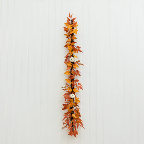 6’ Assorted Autumn Maple Leaves, Pumpkins, Gourds, Berries and Pinecone Artificial Fall Garland