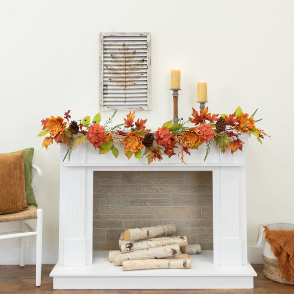 6’ Fall Ranunculus, Hydrangea and Berries Autumn Artificial Garland