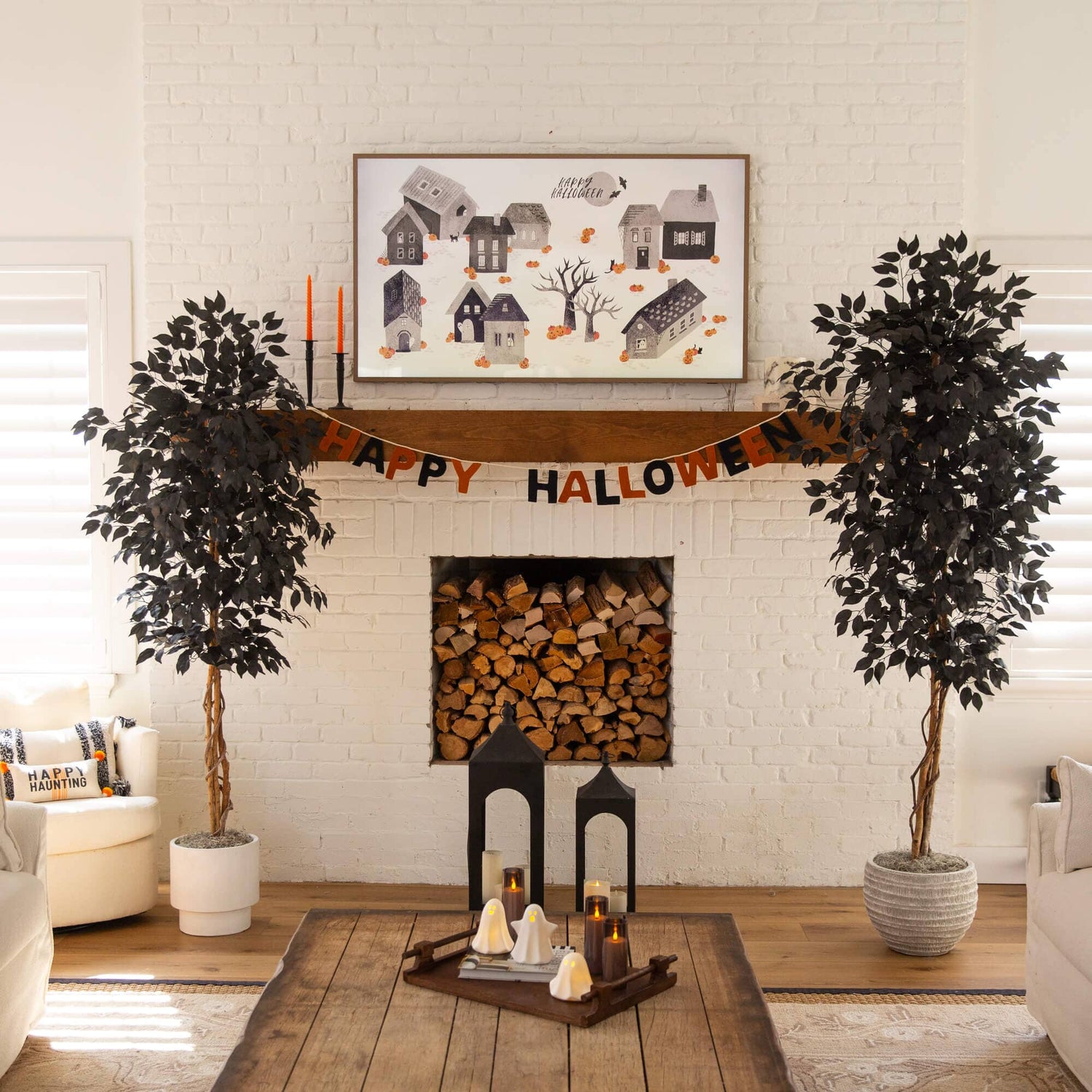 6' Artificial Halloween Black Ficus Tree with Natural Trunk