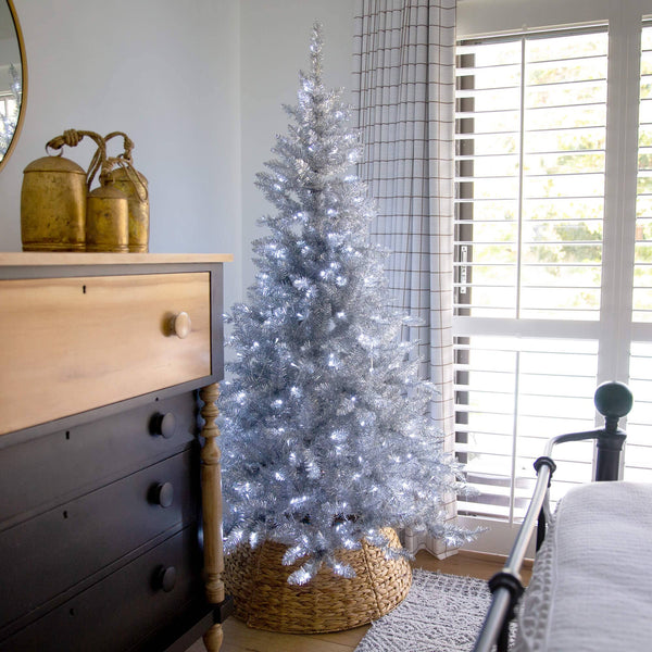 6' Artificial Silver Christmas Tree with 300 Cool White LED Lights