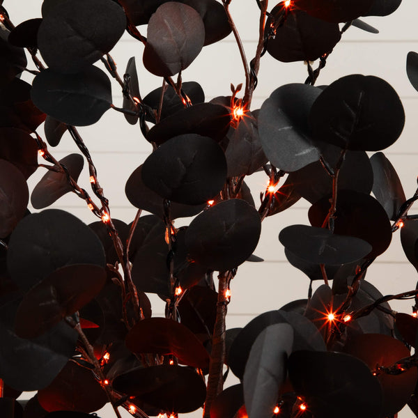 6' Pre-Lit Artificial Halloween Black Eucalyptus Tree with 300 Orange & Purple LED Lights