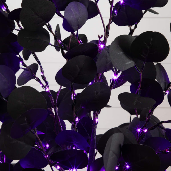 6' Pre-Lit Artificial Halloween Black Eucalyptus Tree with 300 Orange & Purple LED Lights
