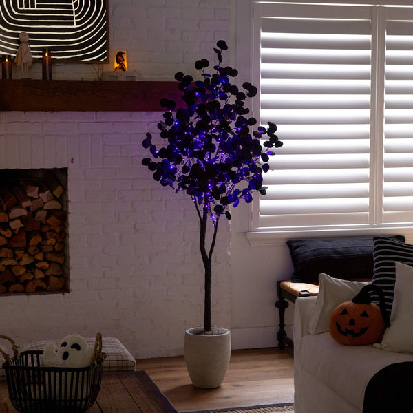 6' Pre-Lit Artificial Halloween Black Eucalyptus Tree with 300 Orange & Purple LED Lights