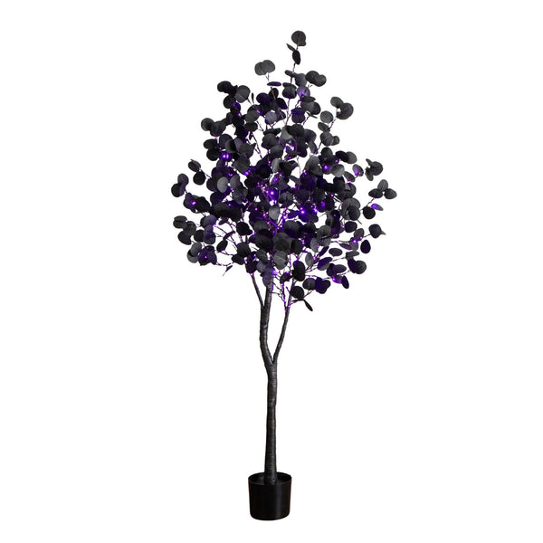 6' Pre-Lit Artificial Halloween Black Eucalyptus Tree with 300 Orange & Purple LED Lights