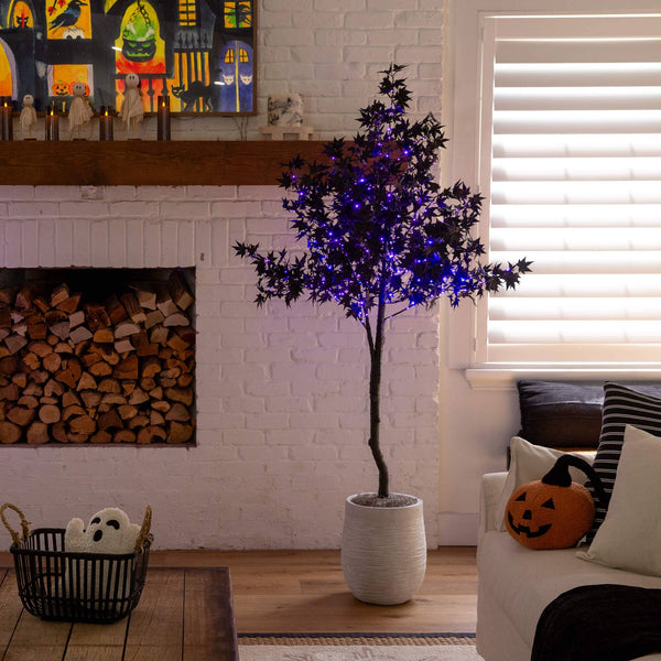 6' Pre-Lit Artificial Halloween Black Maple Tree with 300 Orange & Purple LED Lights