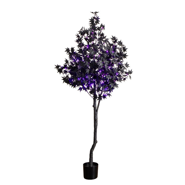 6' Pre-Lit Artificial Halloween Black Maple Tree with 300 Orange & Purple LED Lights