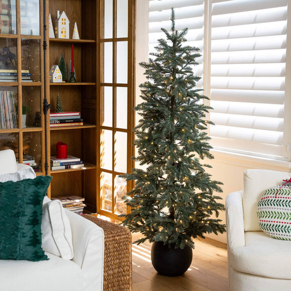 6' Pre-Lit Artificial Pine Christmas Tree in Round Black Decorative Planter with 60 Warm White LED Lights