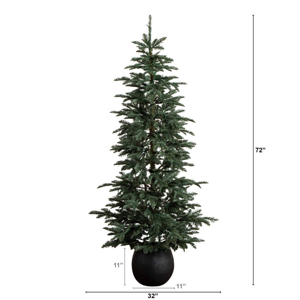 6' Pre-Lit Artificial Pine Christmas Tree in Round Black Decorative Planter with 60 Warm White LED Lights