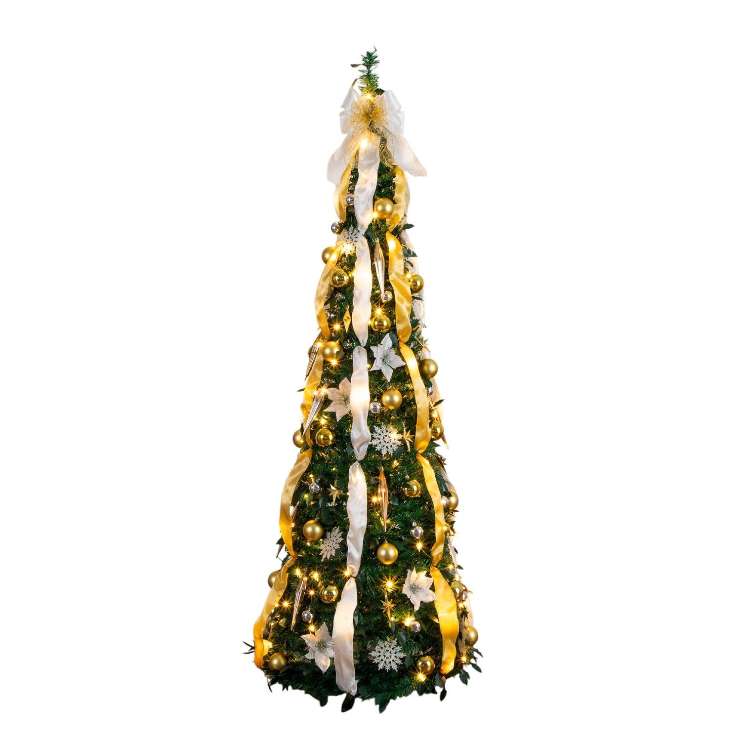 6' Pre-Lit Artificial Pop up Christmas Tree with Gold & Silver Ornaments, Ribbons and 150 Warm White LED Lights