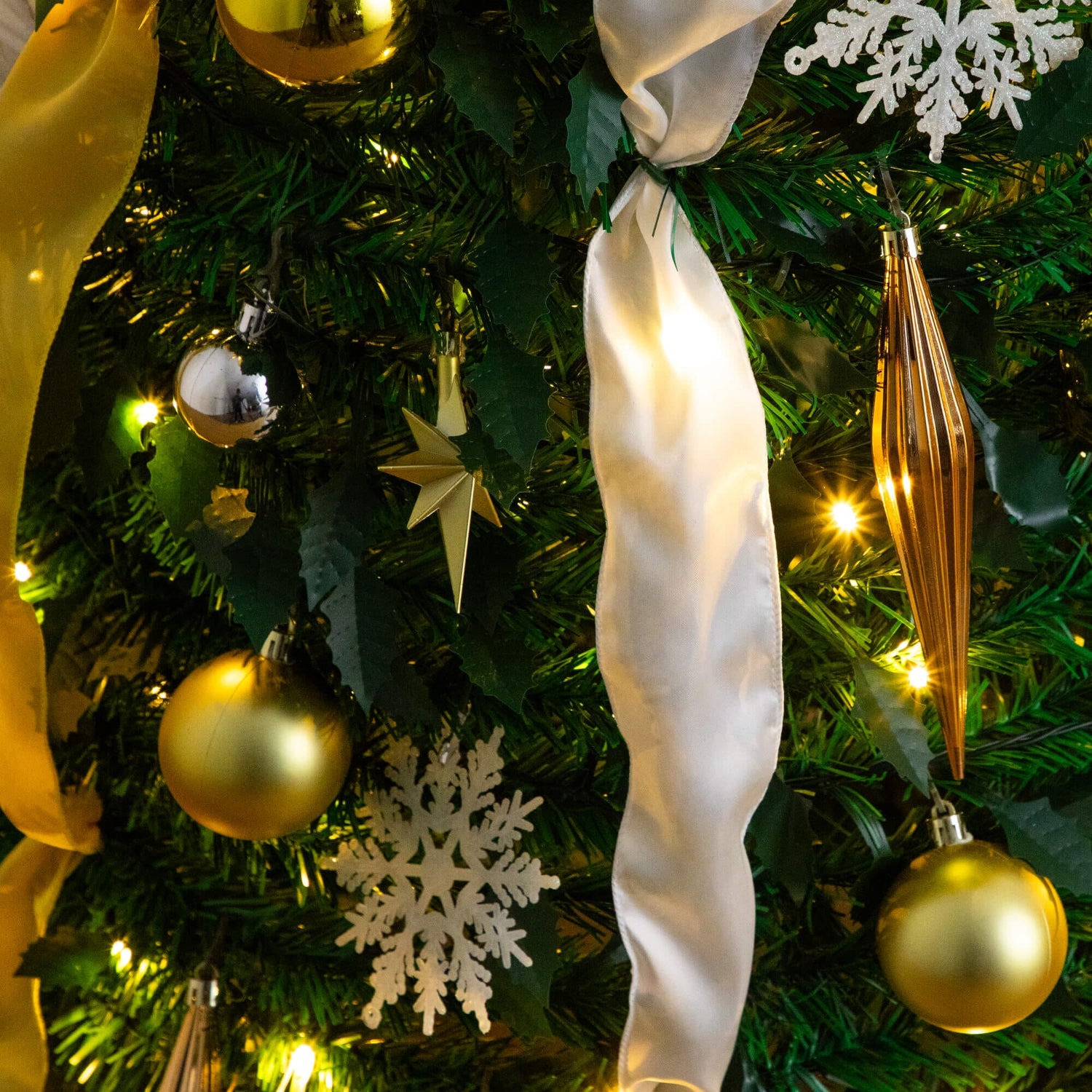 6' Pre-Lit Artificial Pop up Christmas Tree with Gold & Silver Ornaments, Ribbons and 150 Warm White LED Lights