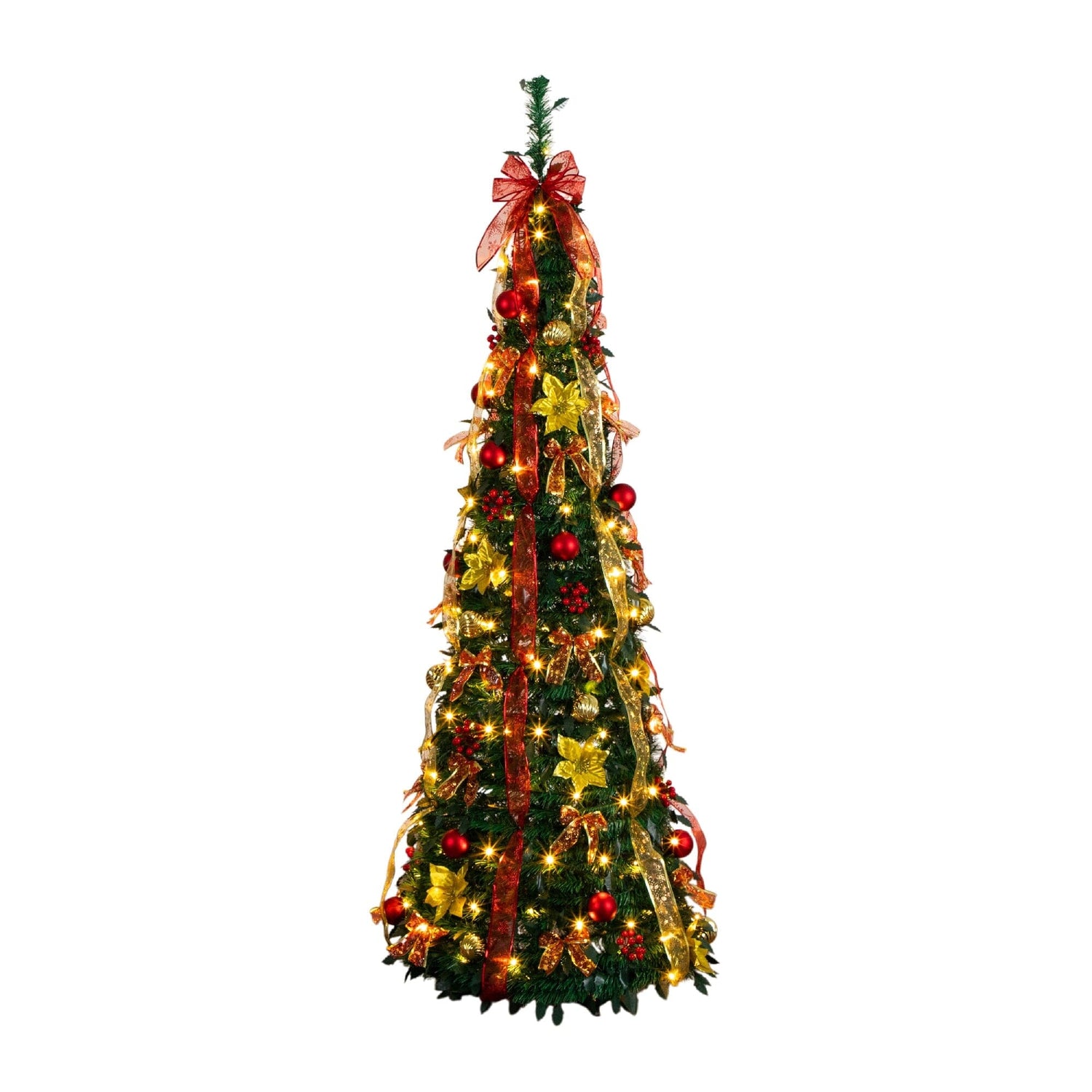 6' Pre-Lit Artificial Pop up Christmas Tree with Red & Gold Ornaments, Ribbons and 150 Warm White LED Lights