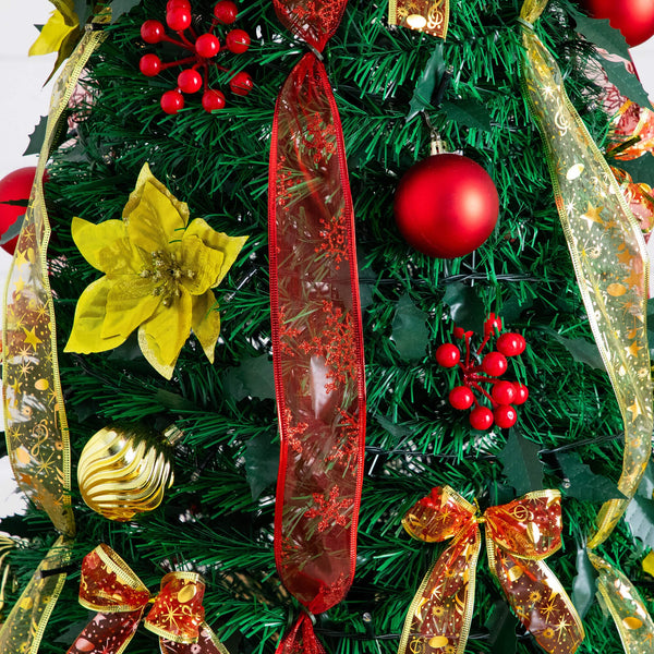 6' Pre-Lit Artificial Pop up Christmas Tree with Red & Gold Ornaments, Ribbons and 150 Warm White LED Lights