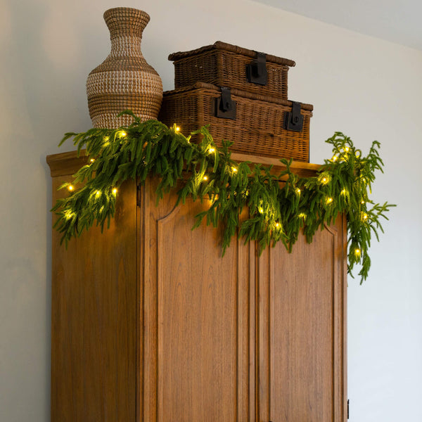 6' Pre-Lit Artificial Real touch Norfolk Island Pine Garland with 35 Warm White LED Lights and Natural Look