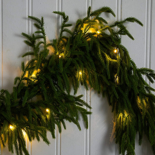 6' Pre-Lit Artificial Real touch Norfolk Island Pine Garland with 35 Warm White LED Lights and Natural Look