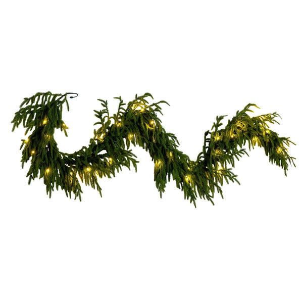 6' Pre-Lit Artificial Real touch Norfolk Island Pine Garland with 35 Warm White LED Lights and Natural Look