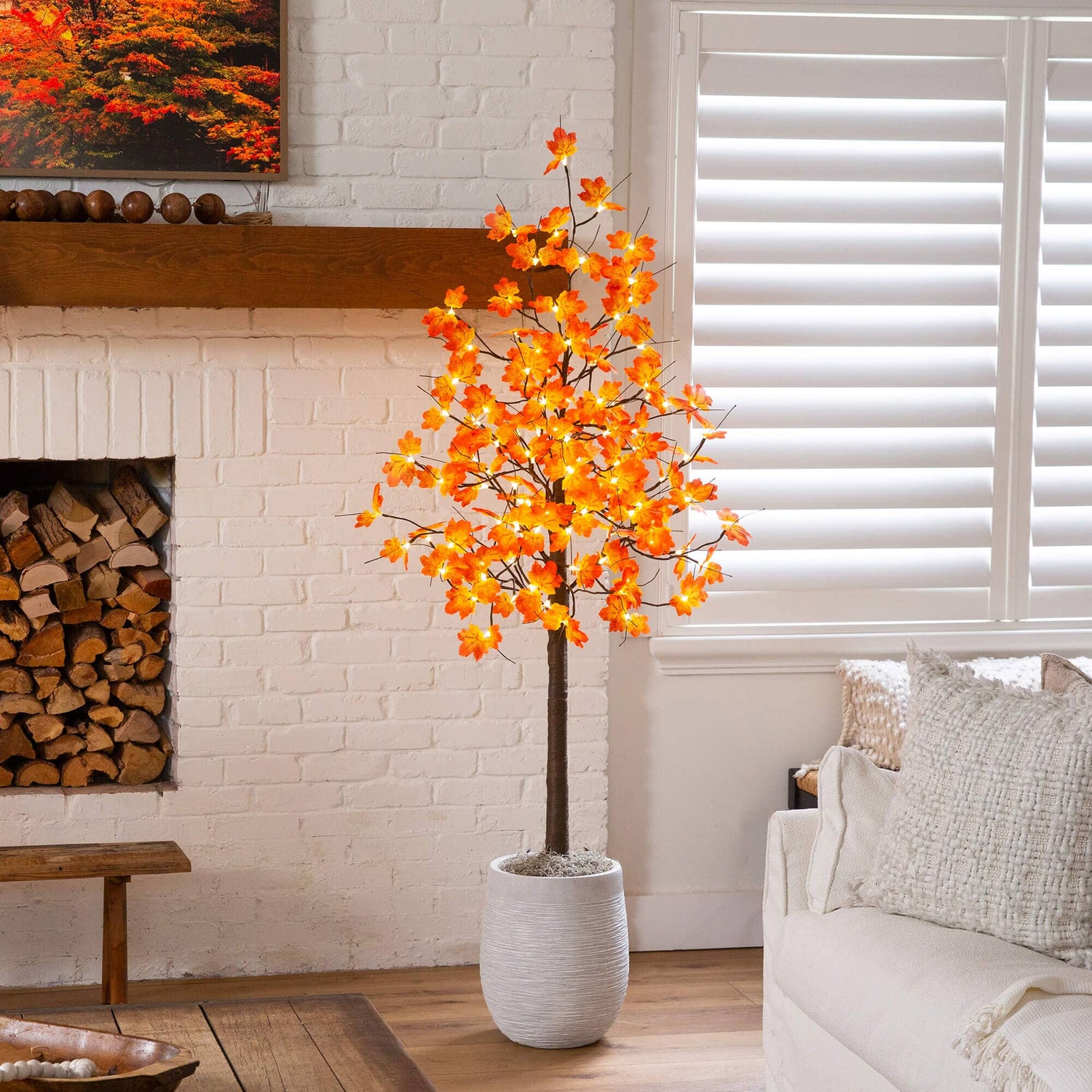 6' Pre-Lit Minimalist Autumn Maple Artificial Fall Tree with 120 Warm White LED Lights