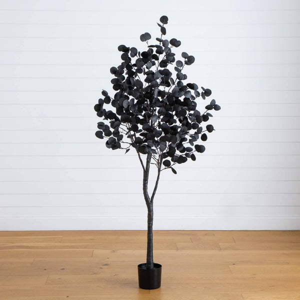 6' Pre-Lit Artificial Halloween Black Eucalyptus Tree with 300 Orange & Purple LED Lights