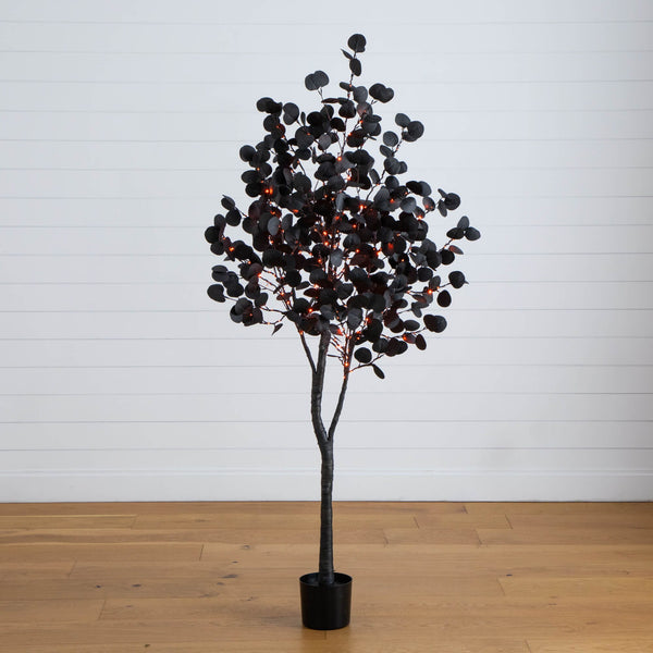 6' Pre-Lit Artificial Halloween Black Eucalyptus Tree with 300 Orange & Purple LED Lights