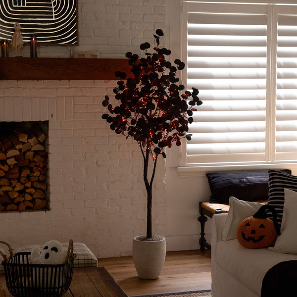 6' Pre-Lit Artificial Halloween Black Eucalyptus Tree with 300 Orange & Purple LED Lights