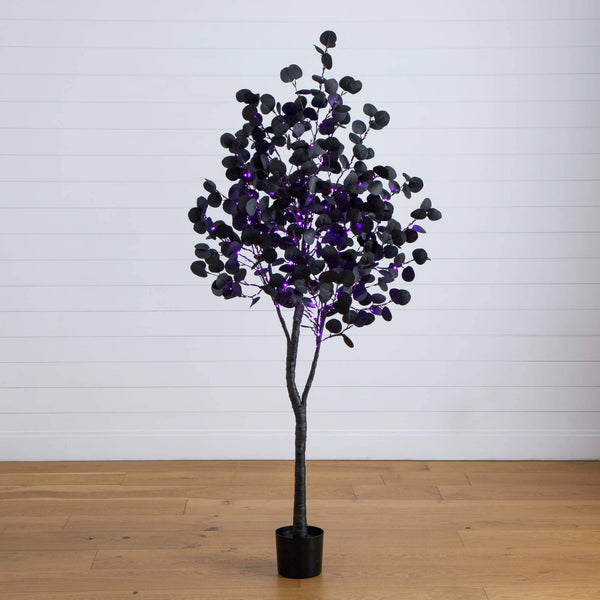 6' Pre-Lit Artificial Halloween Black Eucalyptus Tree with 300 Orange & Purple LED Lights
