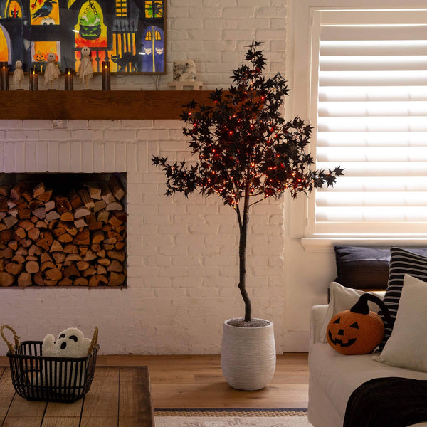 6' Pre-Lit Artificial Halloween Black Maple Tree with 300 Orange & Purple LED Lights
