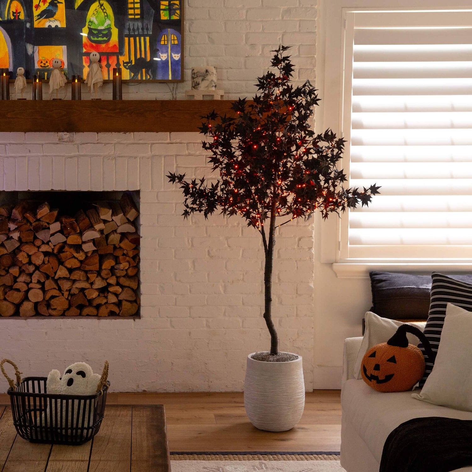 6' Pre-Lit Artificial Halloween Black Maple Tree with 300 Orange & Purple LED Lights