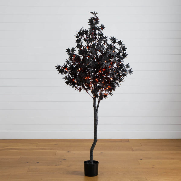 6' Pre-Lit Artificial Halloween Black Maple Tree with 300 Orange & Purple LED Lights