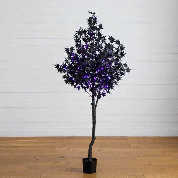 6' Pre-Lit Artificial Halloween Black Maple Tree with 300 Orange & Purple LED Lights