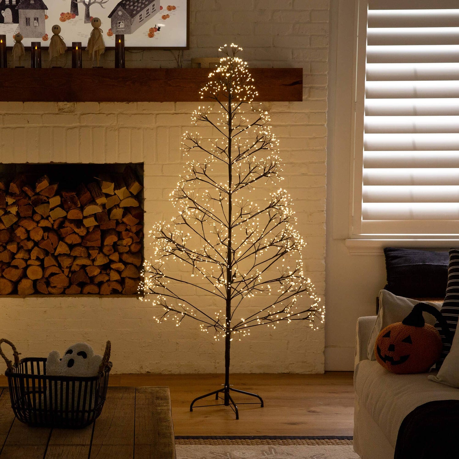 6' Pre-Lit Artificial Halloween Black Starburst Tree with 1680 Fairy Warm White LED Lights