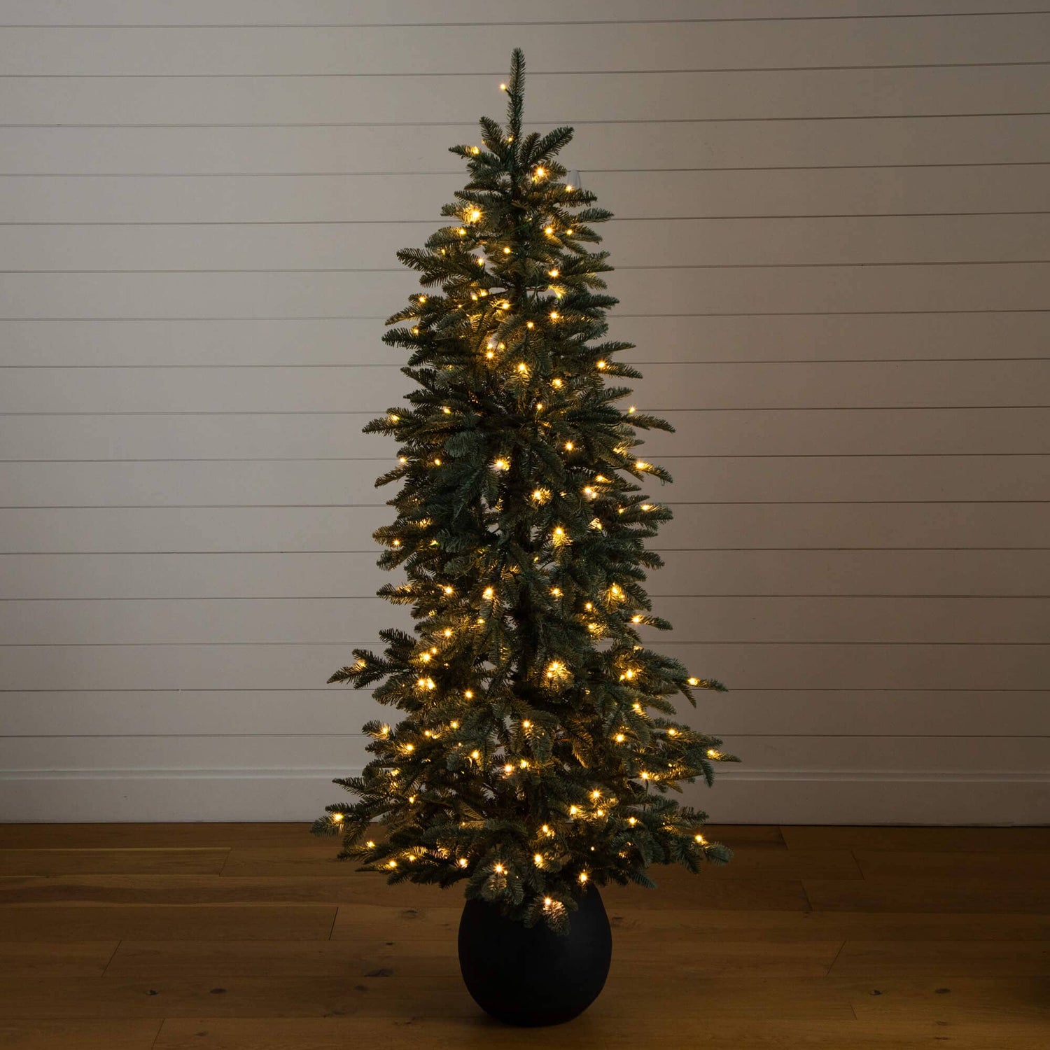 6' Pre-Lit Artificial Pine Christmas Tree in Round Black Decorative Planter with 60 Warm White LED Lights