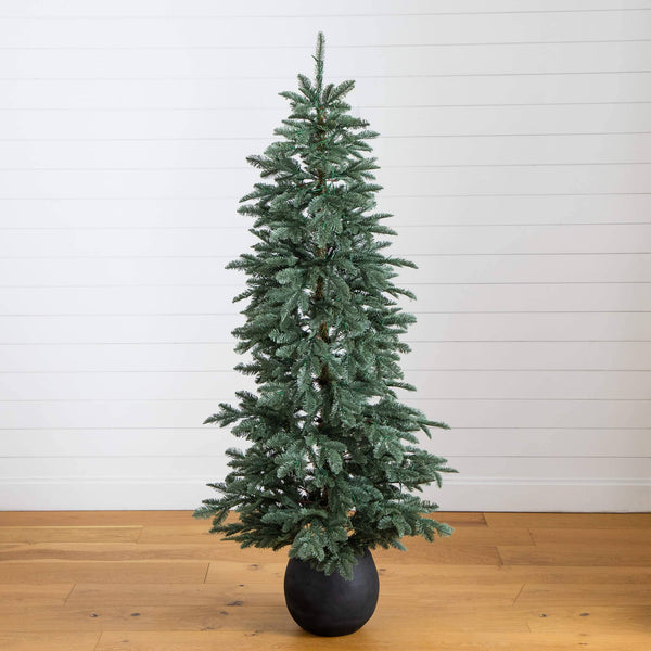 6' Pre-Lit Artificial Pine Christmas Tree in Round Black Decorative Planter with 60 Warm White LED Lights
