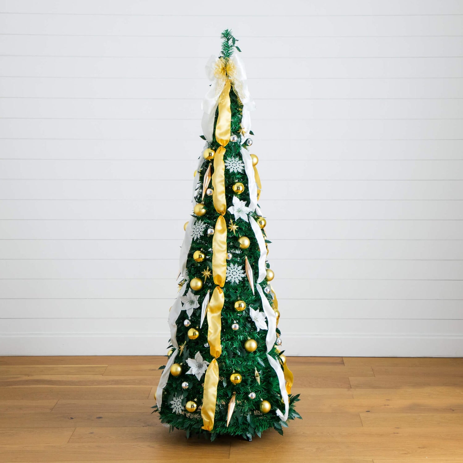 6' Pre-Lit Artificial Pop up Christmas Tree with Gold & Silver Ornaments, Ribbons and 150 Warm White LED Lights