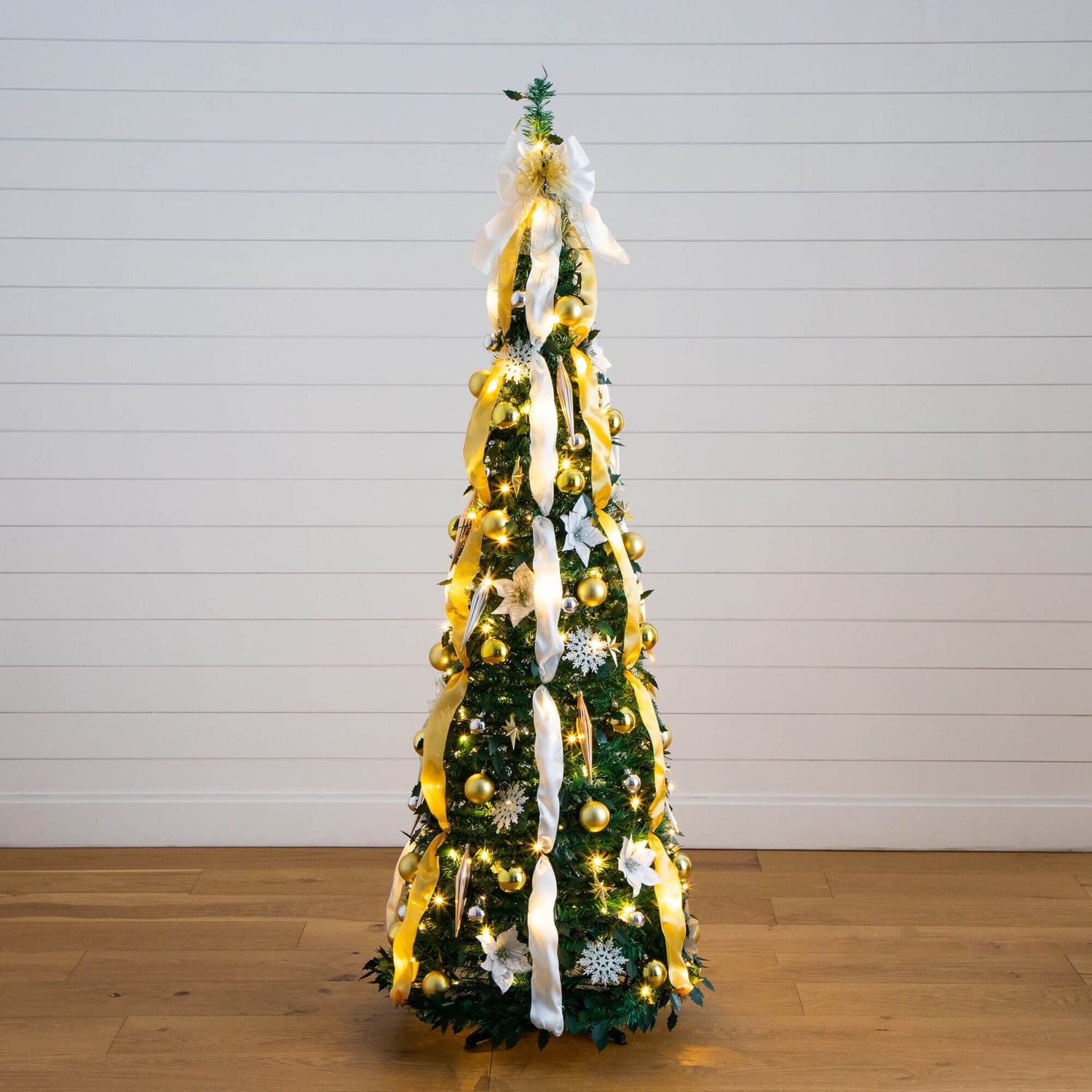 6' Pre-Lit Artificial Pop up Christmas Tree with Gold & Silver Ornaments, Ribbons and 150 Warm White LED Lights