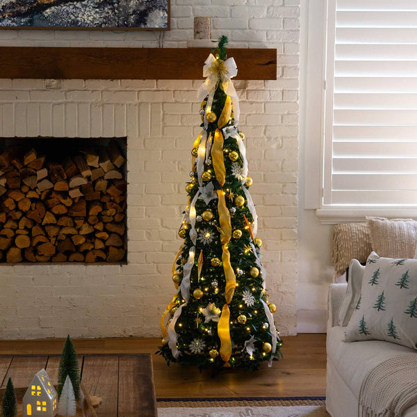 6' Pre-Lit Artificial Pop up Christmas Tree with Gold & Silver Ornaments, Ribbons and 150 Warm White LED Lights
