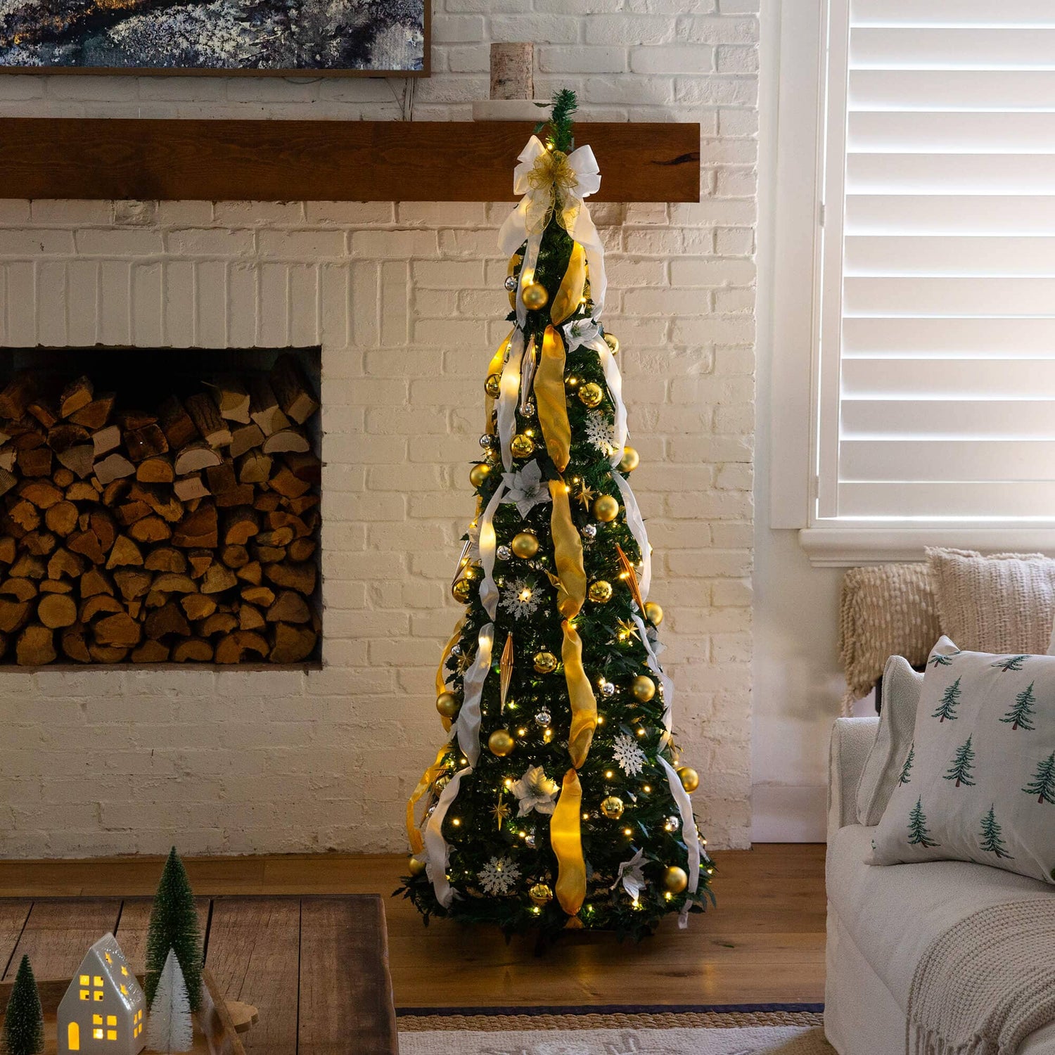 6' Pre-Lit Artificial Pop up Christmas Tree with Gold & Silver Ornaments, Ribbons and 150 Warm White LED Lights