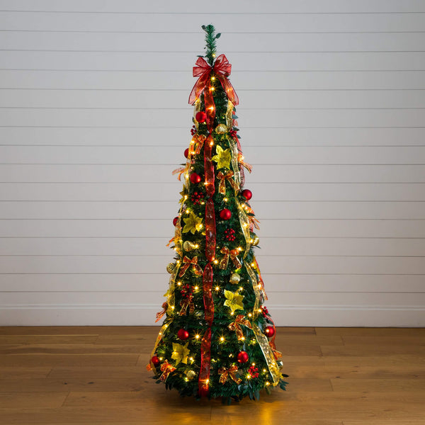 6' Pre-Lit Artificial Pop up Christmas Tree with Red & Gold Ornaments, Ribbons and 150 Warm White LED Lights