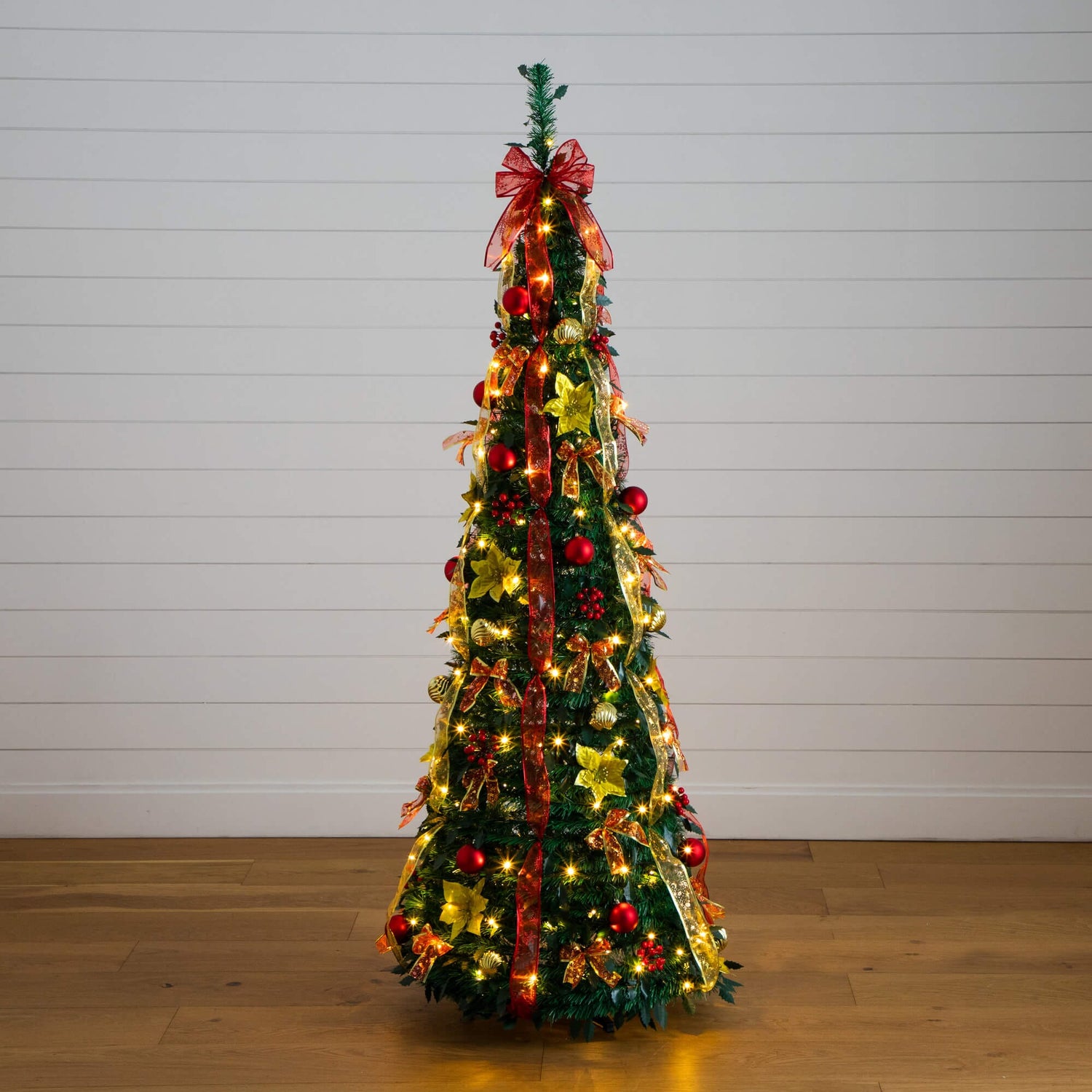 6' Pre-Lit Artificial Pop up Christmas Tree with Red & Gold Ornaments, Ribbons and 150 Warm White LED Lights