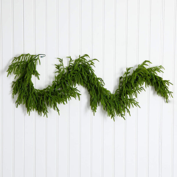 6' Pre-Lit Artificial Real touch Norfolk Island Pine Garland with 35 Warm White LED Lights and Natural Look
