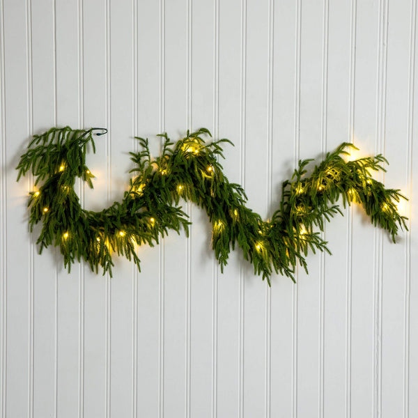 6' Pre-Lit Artificial Real touch Norfolk Island Pine Garland with 35 Warm White LED Lights and Natural Look