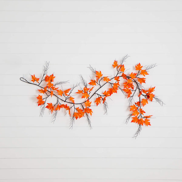 6' Pre-Lit Autumn Maple Artificial Fall Garland with 54 Warm White LED Lights