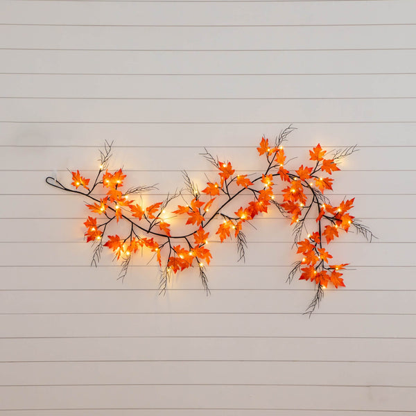6' Pre-Lit Autumn Maple Artificial Fall Garland with 54 Warm White LED Lights