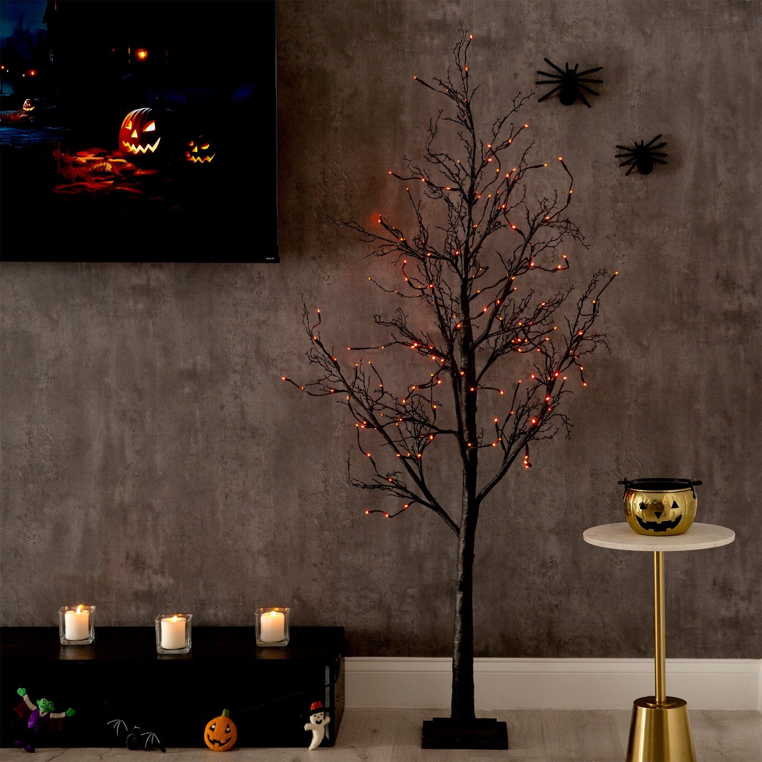 6’ Pre-Lit Halloween Black Twig Artificial Tree with 300 Orange & Purple LED Lights