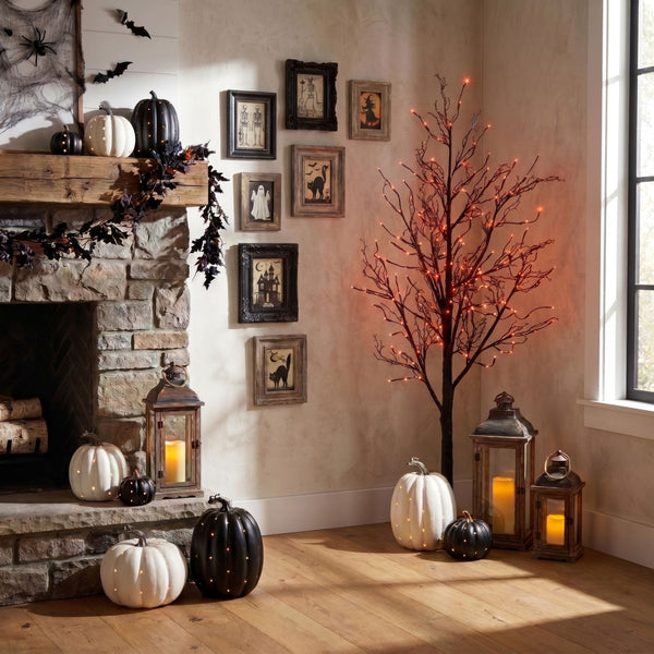 6’ Pre-Lit Halloween Black Twig Artificial Tree with 300 Orange & Purple LED Lights