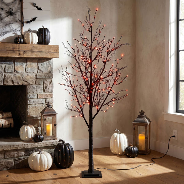 6’ Pre-Lit Halloween Black Twig Artificial Tree with 300 Orange & Purple LED Lights