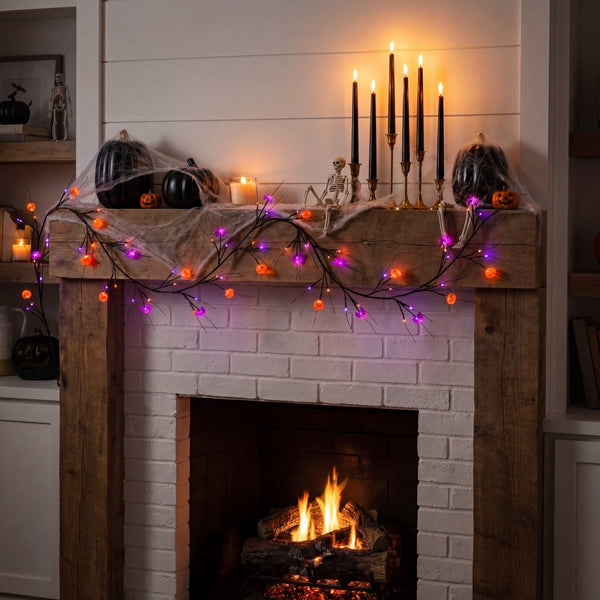6.5’ Artificial Halloween Twig Garland with 57 Orange and Purple LED Lights