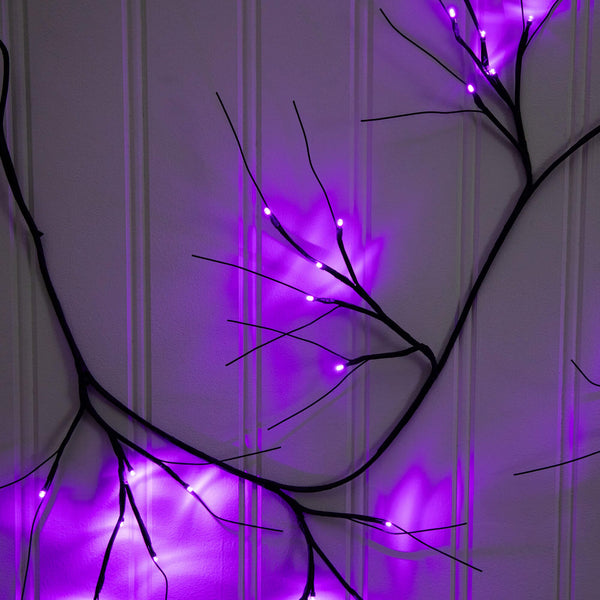 6.5' Pre-Lit Artificial Halloween Black Twig Garland with 48 Purple LED Lights