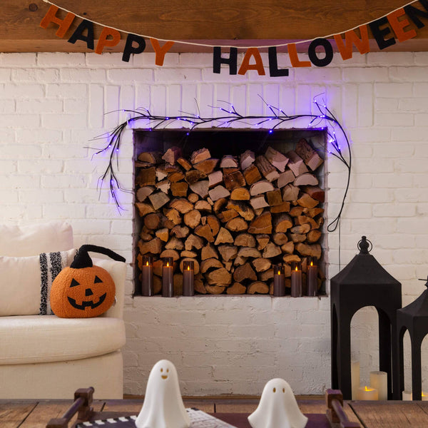 6.5' Pre-Lit Artificial Halloween Black Twig Garland with 48 Purple LED Lights